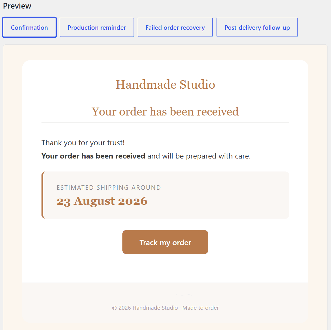 Branded confirmation email carrying the estimated shipping date