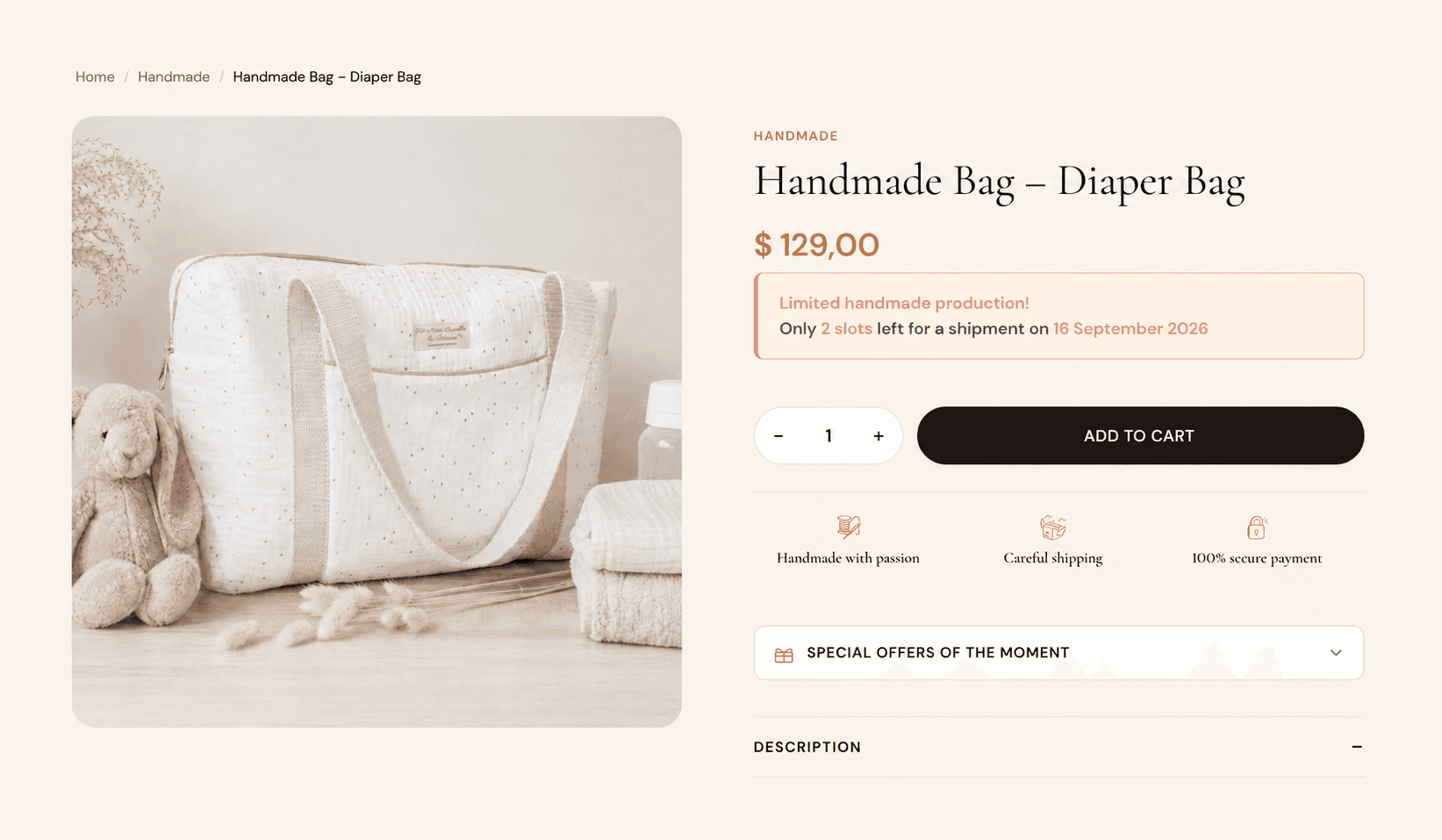 A made-to-order product page showing the computed shipping date and the remaining slots