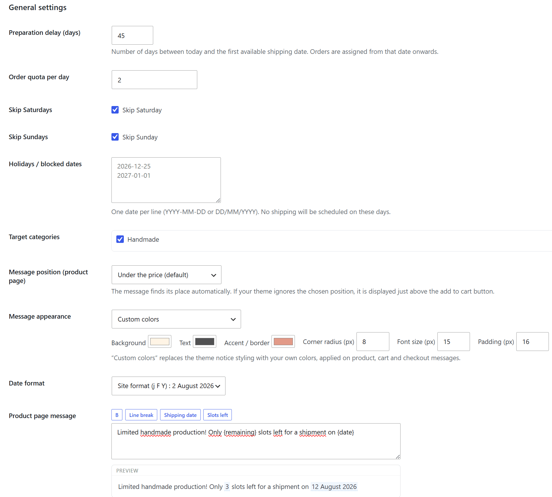CraftDate settings screen with the live message preview